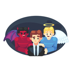 Abstract Businessman has a Moral Dilemma. Vector illustration flat cartoon styled Businessman caught up in a Catch-22 battle of wills with devil and angel helping him to decide. - Vector