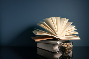 Coins cup and stalking books with low light