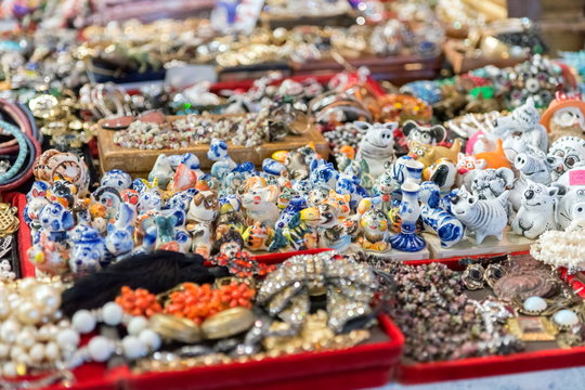 Counter with colorful knick-knacks hand-made in the popular traditional city fair