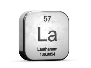 Lanthanum element from the periodic table series. Metallic icon set 3D rendered on white background	