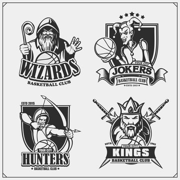 Set of basketball badges, labels and design elements. Sport club emblems with hunter, wizard, king and joker. Print design for t-shirts.