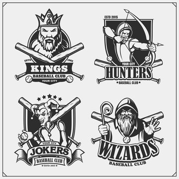 Baseball badges, labels and design elements. Sport club emblems with hunter, wizard, king and joker. Print design for t-shirts.