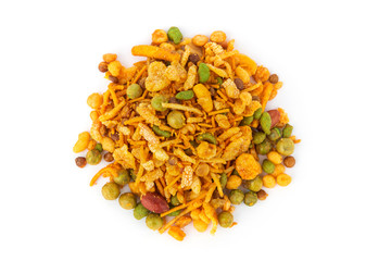 Spiced masala snacks isolated on white.