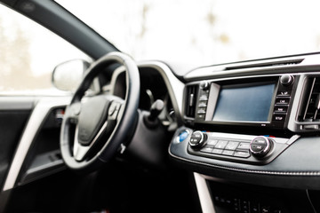 Naklejka premium Luxury prestige car interior, dashboard, steering wheel.