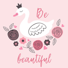 poster with beautiful princess white swan - vector illustration, eps