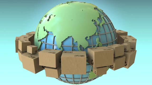 Many cartons rotate around the world, Asia emphasized. Conceptual loopable 3D animation