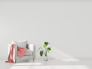 Minimalistic modern interior with an armchair, mockup for your design. You can use this mockup to display your artwork on the wall or wallpaper. 3D render.