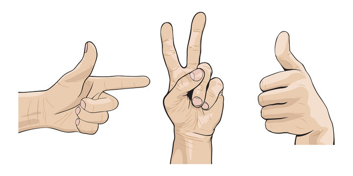 Wrist gestures set. Collection of three realistic hand signs isolated on white background. Vector illustration.