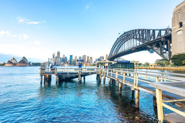 SYDNEY, AUSTRALIA - SEPTEMBER 09, 2016: View of Opera House and Bridge Harbour from Jeffrey Street Kirribilli jetty.