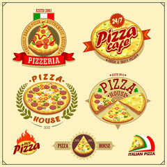 Naklejka premium Set of pizza labels, badges, icons and design elements. Emblems for pizzeria.
