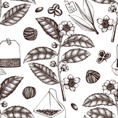 Vector background with hand drawn Chinese tea plant illustration. Decorative inking illustraion of Camellia sinensis in flowers and leaves. Botanical seamless pattern. - obrazy, fototapety, plakaty