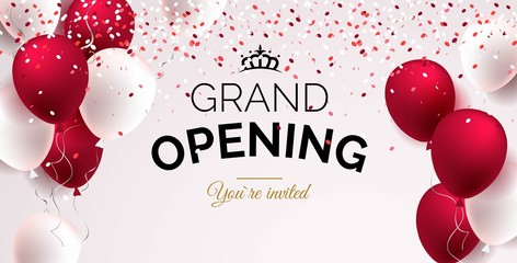 Festive background with red and white balloons. Grand opening concept. Vector illustration