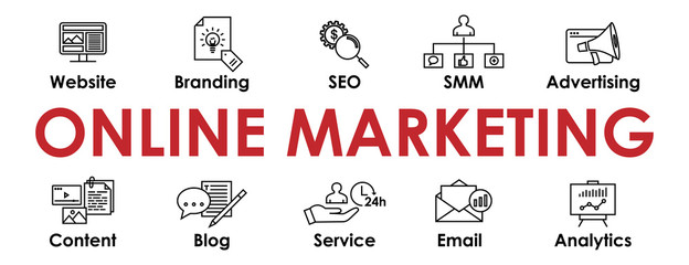 Online Marketing banner with web Icons set for websites and social media business design: SEO, Advertising, Creating Content, Blog, Service, Email marketing, Branding, Analytics. Vector illustration.