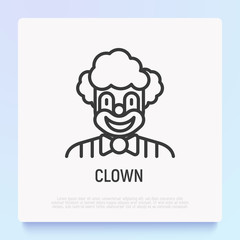 Funny clown for kids party thin line icon. Modern vector illustration, logo for entertainment show.