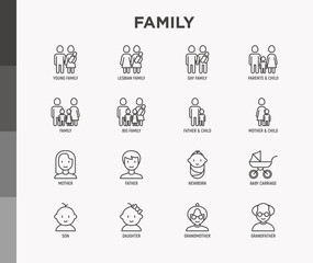 Obraz na płótnie Canvas Family thin line icons set: mother, father, newborn, son, daughter, lesbian, gay, single mother and child, grandmother, grandfather. Modern vector illustration.