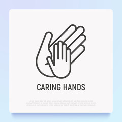 Little hand in big, symbol of caring thin line icon. Modern vector illustration.