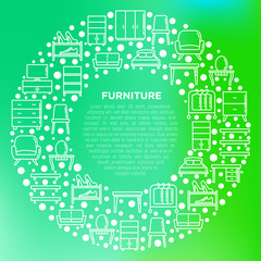 Furniture concept in circle with thin line icons: dressing table, sofa, armchair, wardrobe, chair, table, bookcase, clothes rack, desk, wall shelves. Elements of interior. Vector illustration.