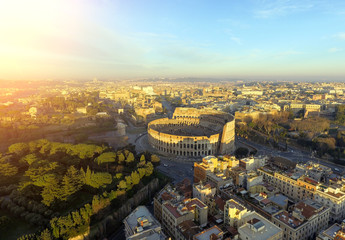 Colosseum, Rome, Italy. Aerial view of the Roman Coliseum on sunrise