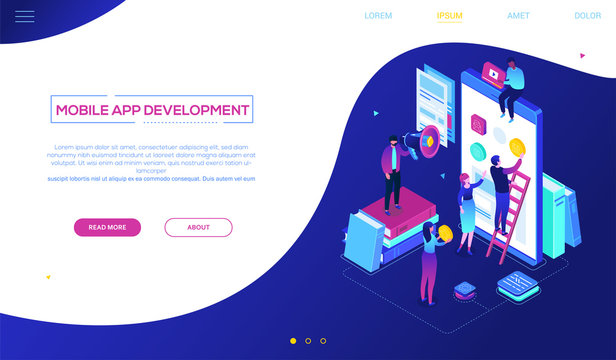Mobile app development - modern colorful isometric vector web banner