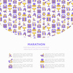 Marathon concept with thin line icons: runner, start, finish, running shoes, bottle of water, route, award, changing room, memory photo, donation, fan zone. Vector illustration, print media template.