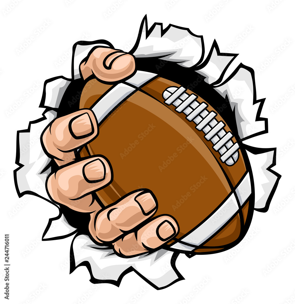 Canvas Prints A strong hand holding an American football ball tearing through the background. Sports graphic