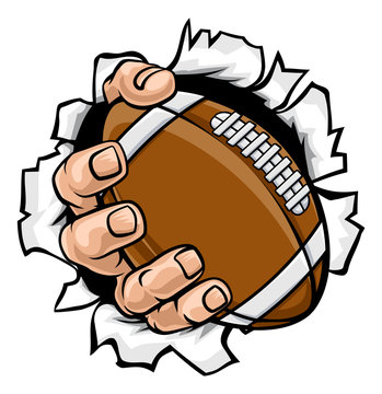 A strong hand holding an American football ball tearing through the background. Sports graphic