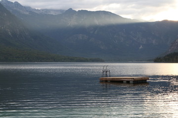 Swimming platform in beautiful nature scenery, Lake Bohinj, Slovenia