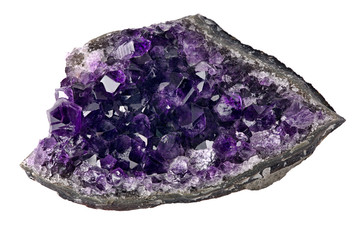 lilac dark amethyst in geode on white