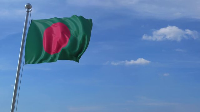 Commercial airplane landing behind waving Bangladeshi flag. Travel to Bangladesh conceptual animation