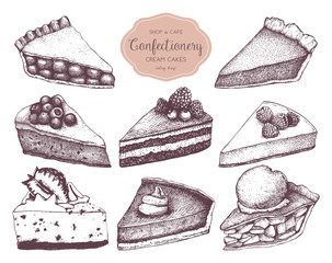 Vector collection of ink hand drawn fruit and berry baking illustration. Vintage design with traditional cake, tart and pie sketch. Sweet bakery menu © sketched-graphics