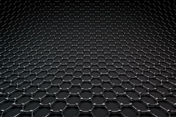 3D rendering of graphene surface, glossy carbon atoms and black bonds
