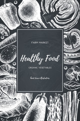 Eco food design with hand drawn vegetables sketch. Organic products frame. Vector template with vintage harvest illustration on chalkboard. Healthy eating.