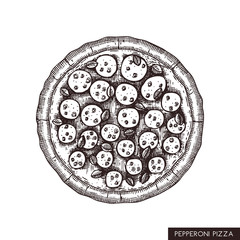 Pepperoni pizza hand drawn sketch. Vector food drawing. Engraving style Pizza with spicy salami. Italian kitchen illustration.