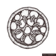 Pizza Margherita hand drawn sketch. Vector food drawing. Engraving style Pizza with spicy salami. Italian kitchen illustration.