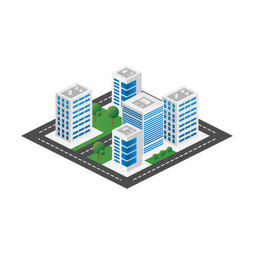 Megapolis 3d isometric three-dimensional view of the city. Collection of houses, skyscrapers, buildings, built and supermarkets with streets and traffic