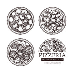 Vector collection of hand drawn Pizza 
with slice sketches. Vector Italian food drawing. Engraving style Fast food illustrations for cafe or pizzeria menu design. 
