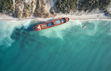 GELENDZHIK, RUSSIA - JAN 19, 2018: The ship called Rio ran aground after a storm in the black sea....