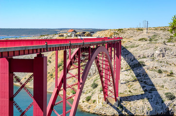 Red Iron Road Bridge over the canal. Croatia.