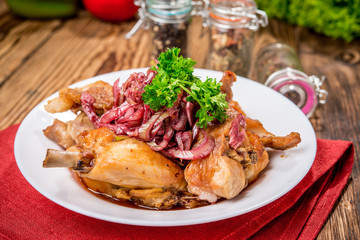 beautiful and tasty food on a plate. Fried rabbit