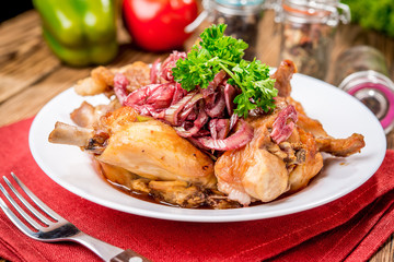 beautiful and tasty food on a plate. Fried rabbit