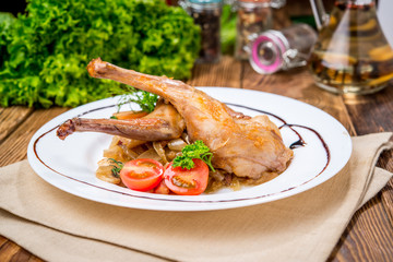 beautiful and tasty food on a plate. Fried rabbit