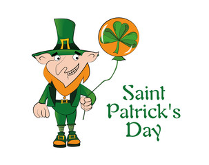 Vector leprechaun with a balloon. Happy St. Patricks Day celebration.