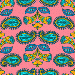 Seamless pattern, flower motive, folk art, hand drawn,  pink background, multi-colored, vector illustration