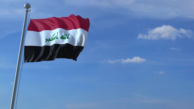 Commercial airplane landing behind waving Iraqi flag. Travel to Iraq conceptual animation