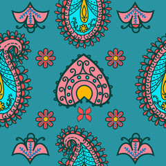 Seamless pattern, flower motive, folk art, hand drawn, paisley, green  background, multi-colored, vector illustration