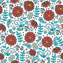 Seamless pattern, flower motive, folk art, hand drawn, white background, multi-colored, vector illustration