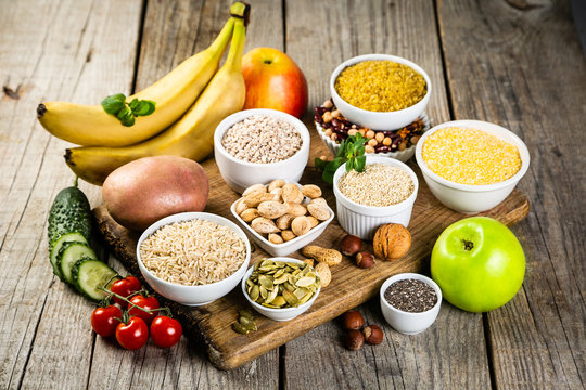Selection of good carbohydrates sources - vegetables, fruits, grains, legumes, nuts and seeds. Healthy vegan diet