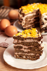 Liver cake with meat and egg, healthy protein food, rustic style.