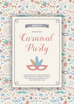 Carnival Party - colorful invitation with hand drawn decorations. Vector