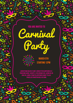 Colorful Carnival Party invitation with text and confetti. Vector